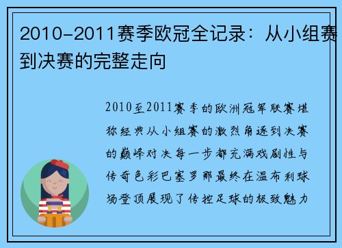 2010-2011赛季欧冠全记录：从小组赛到决赛的完整走向